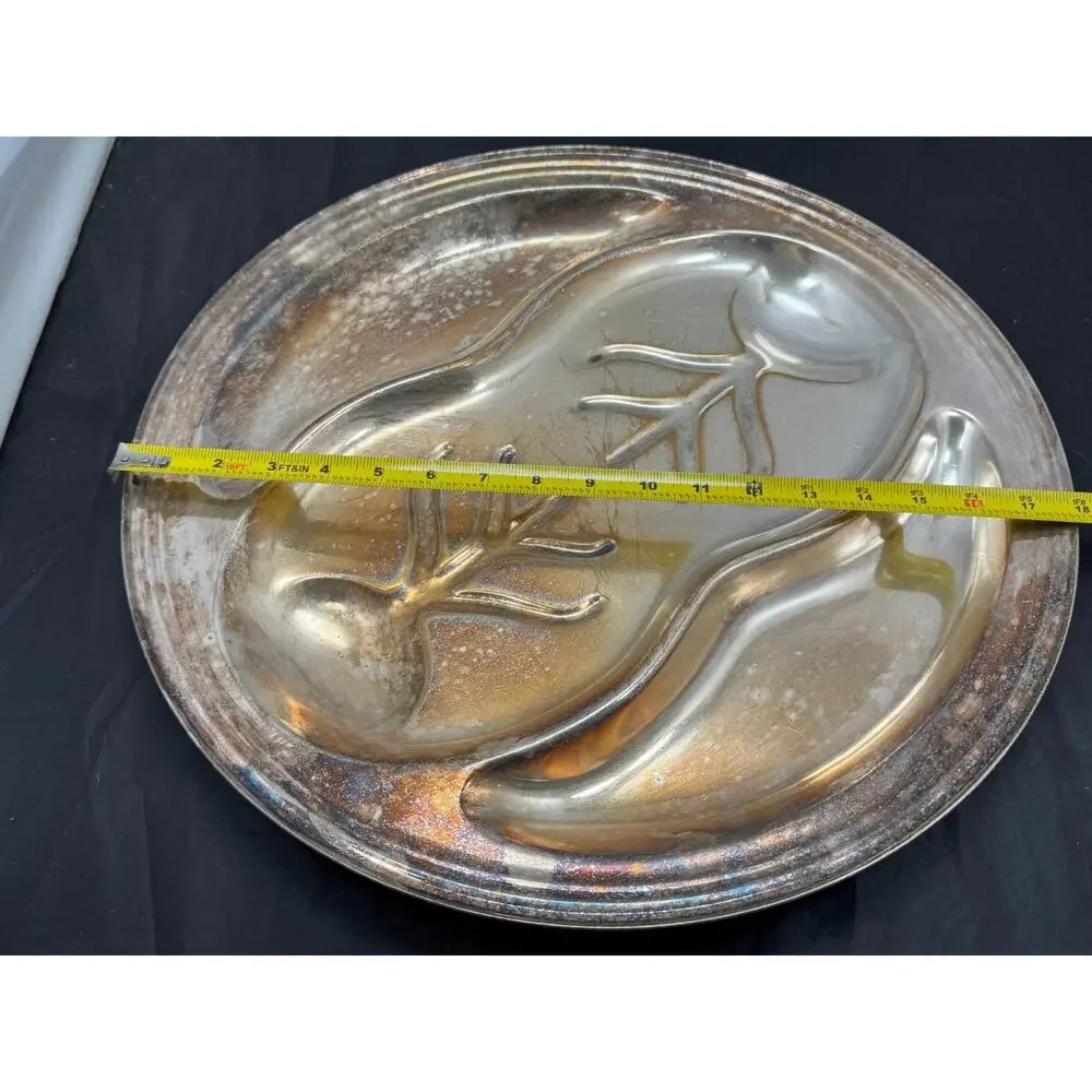 Vtg Silver on Copper 3 Section Divided Relish Platter Tray Pear Footed Dish 18